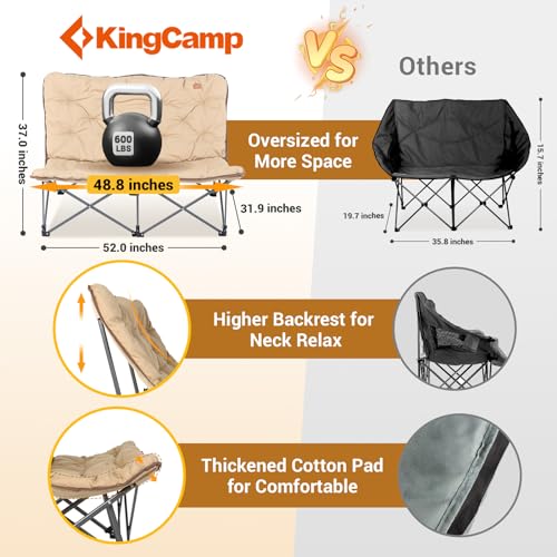 KingCamp Double Camping Chair, Oversized Padded Butterfly Chair Couch Portable Folding Loveseat 600lbs Heavy Duty Comfy Dorm Double Seat with High Back for Outdoor Indoor Patio Home Living Bed Room - color: Loveseat Khaki