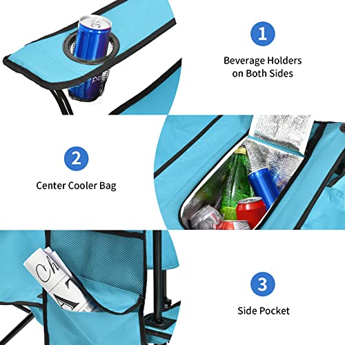Goplus Double Camping Chair with Umbrella, Folding Loveseat Chairs w/Canopy Shade, Carrying Bag, Table, Cup Holder, Portable Beach Chairs Outdoor Picnic Patio (Turquoise) - color: Turquoise