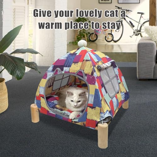 Pozico Portable Cat Tent Bed – Lightweight Foldable Cat House with Soft Washable Cushion, Warm Enclosed Cave for Kittens, Indoor Cats & Small Dogs - color: Colorful Blocks Tent