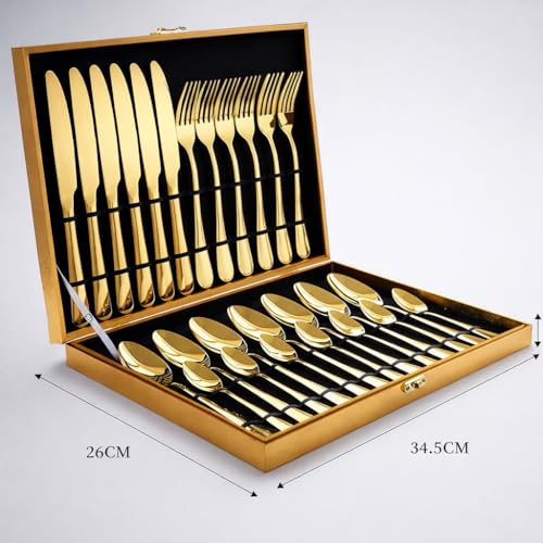 Chandler 24-Piece Gold Silverware Set for 6 with Wooden Storage Case, Stainless Steel 410 (18/0) Flatware Set, Mirror Polish Heavy Duty Cutlery Set – Knives, Forks, Spoons & Teaspoons, Dishwasher Safe