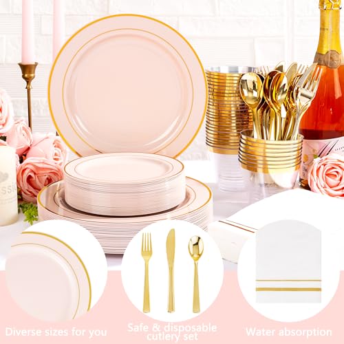 GATHER 700PCS Pink Plastic Plates - Gold Rim Disposable Plastic Dinnerware Set Include 200 Pink Plates, 300 Silverware, 100 Napkins, 100 Cups for Party & Wedding & Mother's Day - color: Pink, size: 100 Guests