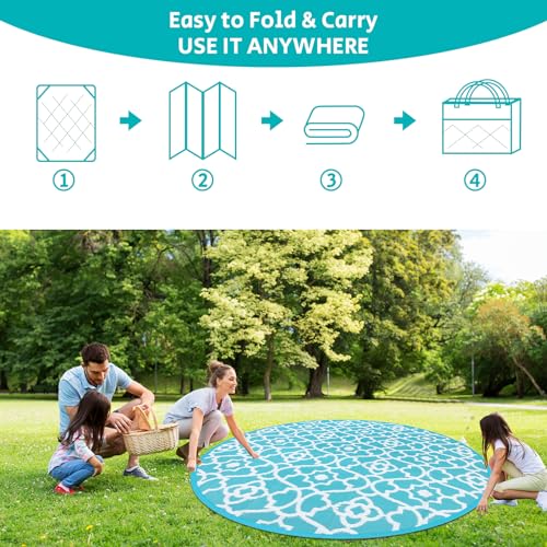 HEBE Outdoor Rug Waterproof 8ft, Plastic Straw Rug Camping Rug, Reversible Outdoor Patio Rugs RV Mat Clearance, Indoor Outside Floor Carpet for Porch,Deck,Camper,Balcony,Backyard - color: Teal, size: 8' (Round)