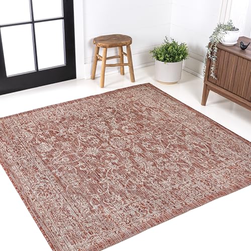 JONATHAN Y Weave Floral Indoor Outdoor Square Area Rug 4X4 Red/Taupe, Tela Bohemian Textured for Backyard, Patio, Porch, Easy-Cleaning, High Traffic, Pet-Friendly, Non-Shedding (SMB100A-4SQ) - color: Red/Taupe, size: 3'11" x 3'11" (Square)