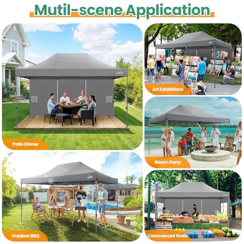 COBIZI 10x15 FT Heavy Duty Pop up Canopy with 4 Removable Sidewalls, Easy up Gazebo High Stability, All Weather Sunshade 100% Waterproof Outdoor Canopy Tents with Carry Bag, Gray - color: Gray, size: 10x15 with 4 sidewalls
