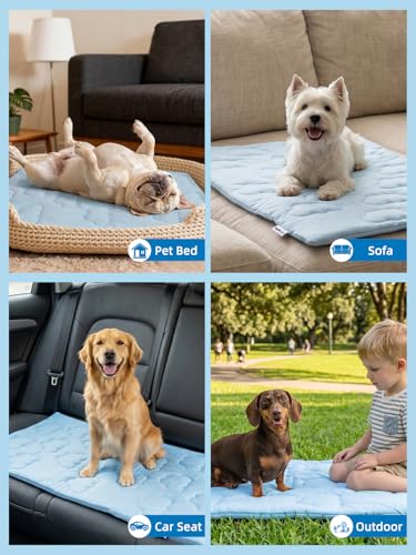 Huafly Dog Cooling Mat,Dual-Sided Cooling Mat for Dogs–Cooling Fabric for Summer,Velvet for All Seasons–Portable for Crate,Car Seat,Sofa&Floor,Machine Washable,Keeps Cats,Dogs&Puppies Cool,Cloud Blue - size: M: 36.0" L x 23.0" W x 0.8"Th