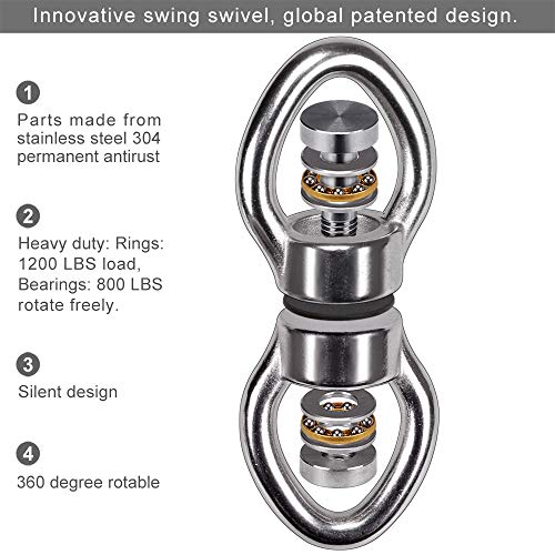 SELEWARE Silent Bearing Swing Swivel, 360° Rotational Device Hanging Accessory for Tree Swing, Hammock Chair, Yoga,1200LB Capacity, 2 Pack - color: Swivel (C) and 2 Carabiners, 2 Pack