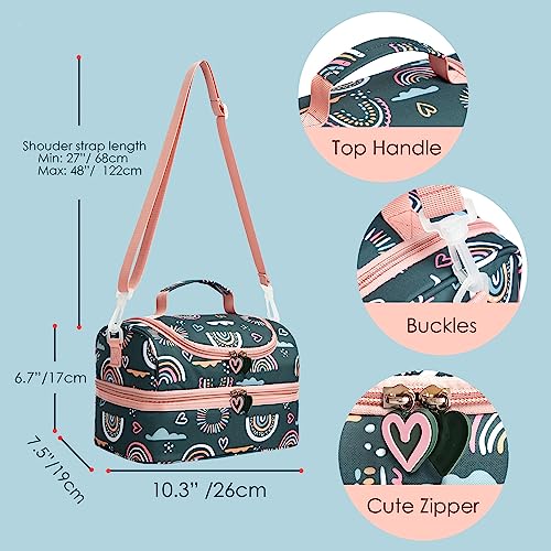 Insulated Kids Dual Compartment Lunch Bags Tote Pack for Girls Boys Toddler Kindergarten School Picnic Cooler Thermal Lunch Boxes with Strap (Green Rainbow) - color: Green Rainbow