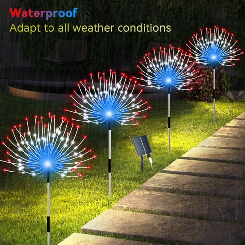 Slyuexu Solar Garden Lights Outdoor, 4 Pack Total 480 LED Solar Firework Lights Decorative 4th of July Decoration, Outdoor Waterproof Lights for Outside Yard Garden Pathway Decor - color: American Color, size: 4 Pack