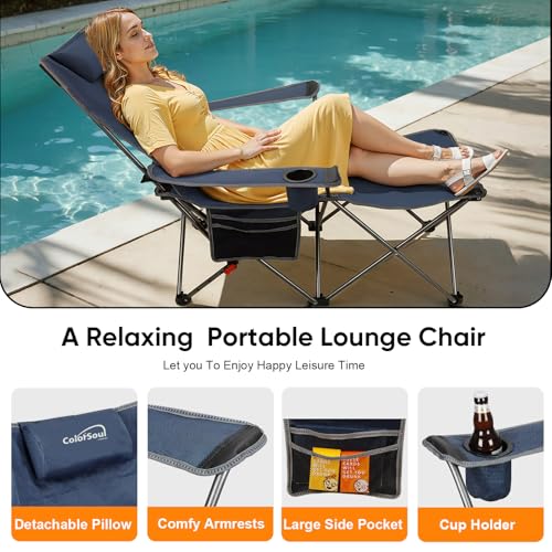Colorsoul Reclining Camping Chair w/Foot Rest, Adjustable 90°- 135° Lounge Beach Chair for Adults, Heavy Duty Outdoor Folding Chairs w/Padded Pillow, Cup Holder, for Patio Beach, Supports 350lbs,Blue