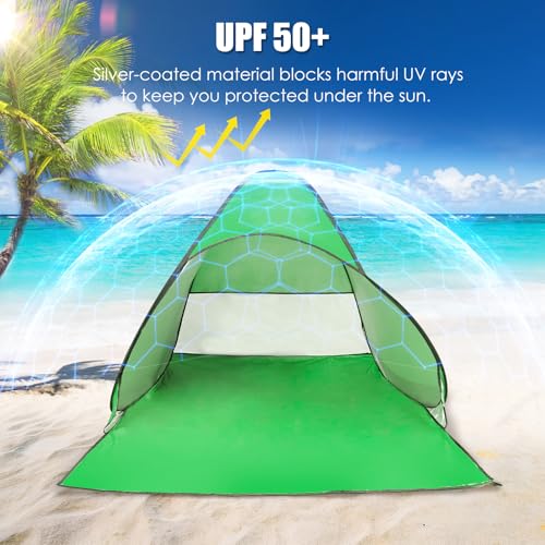 Pop Up Beach Tent, Sun Shelter for 2-3 Person, Sun Shelter with UPF 50+ & Lightweight, Portable Beach Tent Easy Pop Up for Outdoor Camping Fishing - style: Green