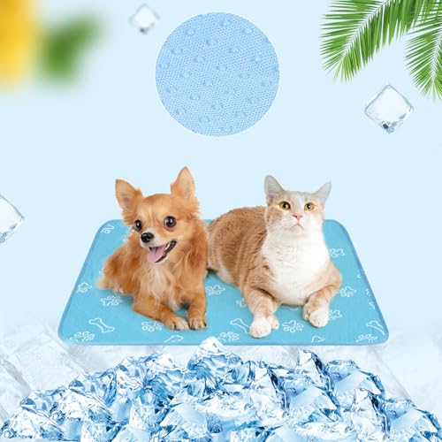 BEAUTYZOO Upgraded Dog Self Cooling Mat Ice Silk Chill Pads for Small Medium Large Dogs Q-MAX＞0.43- Summer Reusable Pet Training Pad - Absorbent Non-Slip Cool Mat for Kennels, Crates, Beds, 18" x 24" - color: Blue, size: Small 24IN x 18IN (2 Pack)