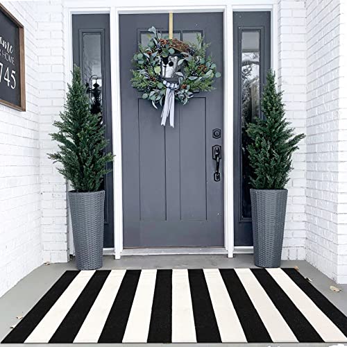 LEEVAN Black and White Outdoor Rug 3X5, Cotton Washable Striped Patio Rugs Hand Woven Front Door Mat, Reversible Entryway Rug Farmhouse Black Floor Carpet for Balcony/Courtyard/Entrance - color: Black and White Stripes, size: 3' x 5' (Rectangular)
