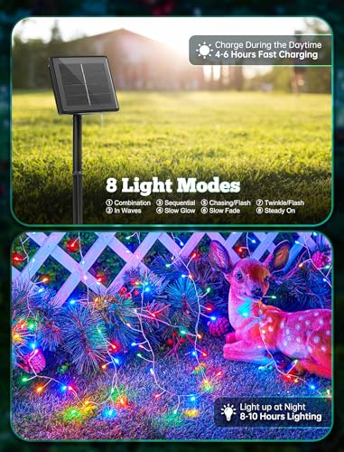 Brightown Solar Lights for Outside, 10Ft 120 LED Solar String Lights Outdoor Waterproof, 8 Modes Firecracker Balcony Light for Tree Patio Christmas Party Wedding Decor, Multicolor - color: Multicolor, size: 9.8Ft