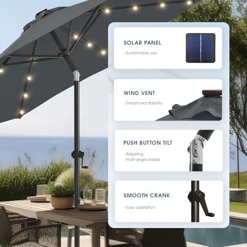 wikiwiki 10FT Solar Led Patio Umbrella with Base Included, 32 LED Lights, 8 Sturdy Ribs, Fade Resistant Waterproof POLYESTER DTY Canopy for Garden, Lawn, Deck, Backyard & Pool, Dark Gray - color: Dark Gray, size: 10FT