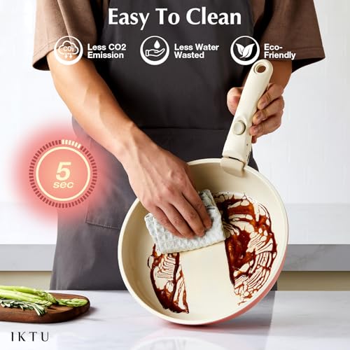 IKTU Ceramic Pots and Pans Set Non Stick Pink, 8 Pcs Nonstick Cookware Set with Detachable Handle RV Camping Induction Kitchen Cookware Set Non Stick, PFAS PFOA & PTFE Free - color: Pink