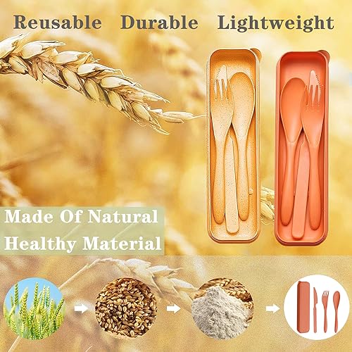Reusable Travel Utensils Set with Case, 2 Sets Wheat Straw Portable Plastic Fork Spoons Knife Cutlery, Camping Eco-Friendly BPA Free Tableware for Kids Adults Work Picnic or Daily Use (Yellow+Orange) - color: Yellow + Orange