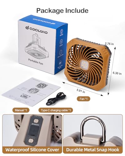 Odoland Portable Camping Fan with LED Lantern, 40H Rechargeable Battery Operated Quiet Tent Fan with Hanging Hook for RV Car Beach Outdoor Hurricane Emergency Outages - color: Brown