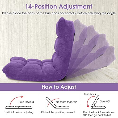 Giantex Floor Chair with Back Support, 14 Adjustable Position, Padded Sleeper Bed, Couch Recliner, Folding Gaming Floor Chairs for Adults, Living Room, Bedroom, Yoga, Meditation, Purple - color: Purple, size: 26.5"x22.5"x22"