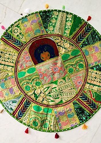 Indian Handmade Patchwork Codework Lime Green Pouf Cover Ottoman Round Floor Pillow Cushion Seating Throw Decorative Pom Cases Bohemian 32 Inches, BFPC0200, 33 Inches, Lime-green