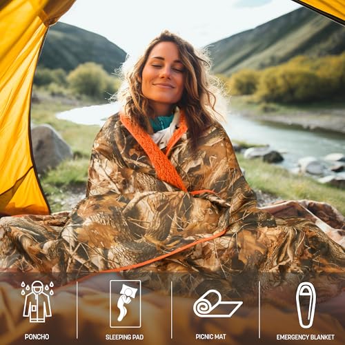 Tirrinia Waterproof Outdoor Blanket with Sherpa Lining, Windproof Triple Layers Warm Comfy Foldable for Camping Stadium, Beach, Picnic, Grass, Concerts, Car, Dog, 51''X 59'' & 59''X 80'' - color: Camo/Orange, size: 51” x 59”