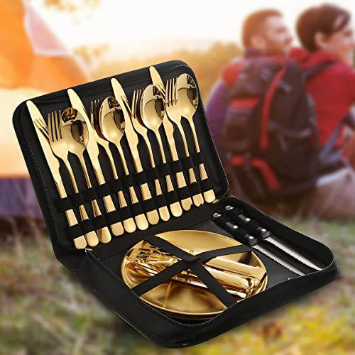 Picnic Dishes Utensils Gold Camping Flatware Set for 4 Portable Dinnerware Plates Silverware Forks Spoons knives Bottle Opener Food Tongs Complete Kit with Zipper Bag - size: 20, style: Gold Camping Flatware