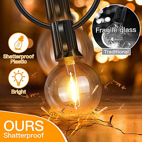 Ollny 100FT Outdoor String Lights, Waterproof Connectable Shatterproof Outside Light with 50 Edison + 3 Spare LED Bulbs Plug in, Patio Lights for Indoor Balcony Porch Camping Deck - color: Black Wire, size: 100FT-Warm White
