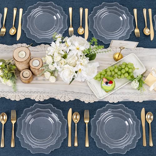 COLOSUS 100pcs Clear Plastic Plates - Heavy Duty Plastic Plates Disposable for Party/wedding Include 50pcs Dinner Plates and 50pcs Dessert Plates. - color: Clear