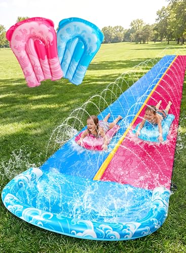 JOYIN 32.5FT Water Slide and 2 Inflatable Boards, Extra Long Heavy Duty Double Lawn Waterslide with Sprinkler for Kids Adults Backyard Summer Water Toy Outdoor Fun, Blue, Pink - color: Blue, Pink, size: 32.5ft