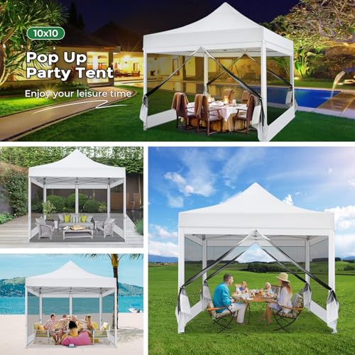 COBIZI 10x10 Heavy Duty Pop Up Canopy with 4 Mosquito Netting Wall, Easy Set Up Commercial Gazebo Party Tent, Outdoor Instant Screen Canopy for Backyard, Patio, Garden, White - color: White, size: 10x10ft