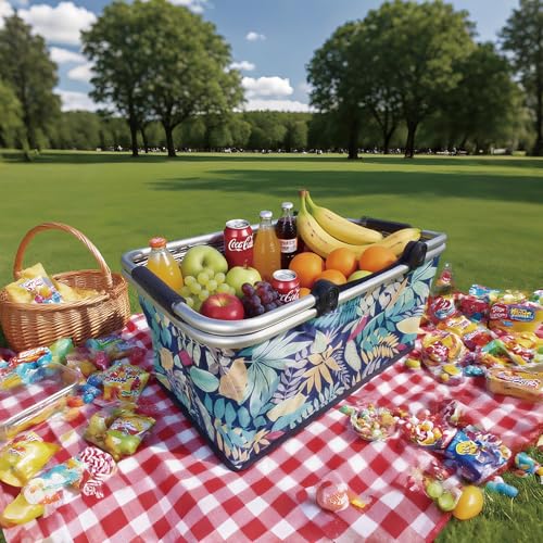 Insulated Picnic Basket for 2, Folding Grocery Basket Insulated Cooler Bag, Collapsible Shopping Baskets with 29L Large Market Basket with Handles for Picnic Travel Food Delivery Market Shopping Blue - color: Blue