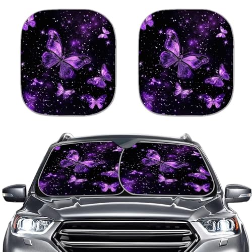 Purple Butterfly Car Windshield Sunshade Reflective Fabric Sun Protection Windshield Shade Auto Sun Shade fit Most Car Auto Easy to Storage, Set of 2 - color: Purple Butterfly