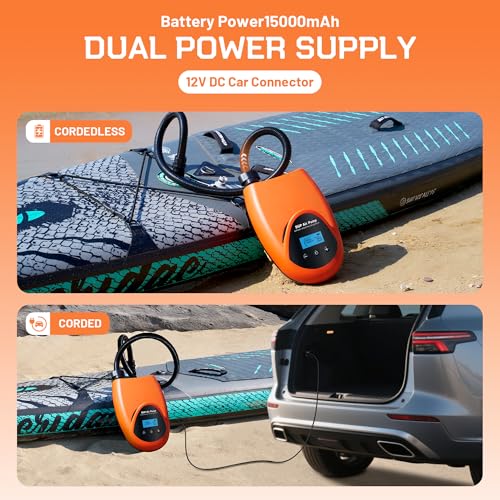 Tonsim Rechargeable Paddle Board Electric Pump, 20 PSI SUP Pump with 4 Preset Modes, Dual-Stage Inflation & Deflation, 12V DC Car Connector, Auto Shut-Off for Paddle Boards, Kayaks and Tents - color: Orange