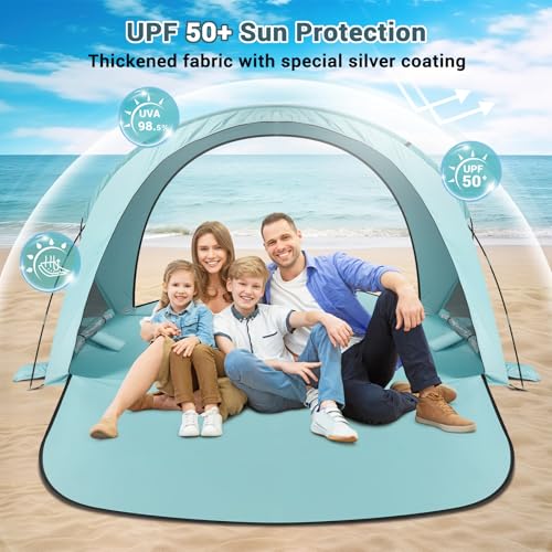 AugFir Beach Tent Sun Shelter, Beach Tent with Beach Mat Set, 4 Person Portable Beach Shade Canopy with UPF 50＋ UV Protection, Dual-Door Ventilation Design, Easy Setup Family Beach Umbrella (Green) - color: Green