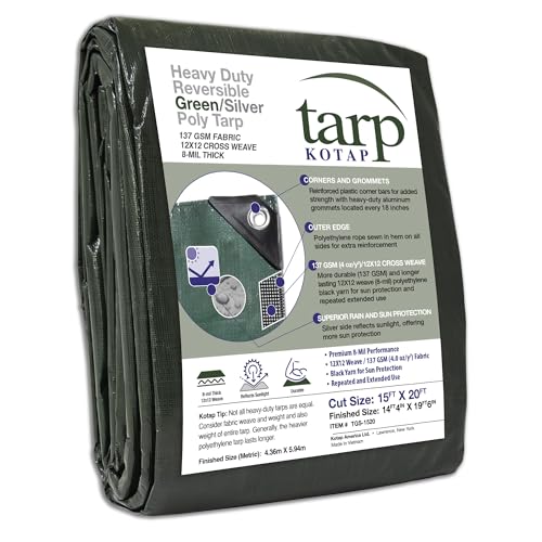 Kotap 15 x 20 Ft. Heavy-Duty Protection/Coverage Tarp, 8-mil, Reversible, Multi-Use, Waterproof, Green-Silver, (TGS-1520) - size: 15 x 20 Ft., style: Heavy-Duty 137 GSM Green/Silver