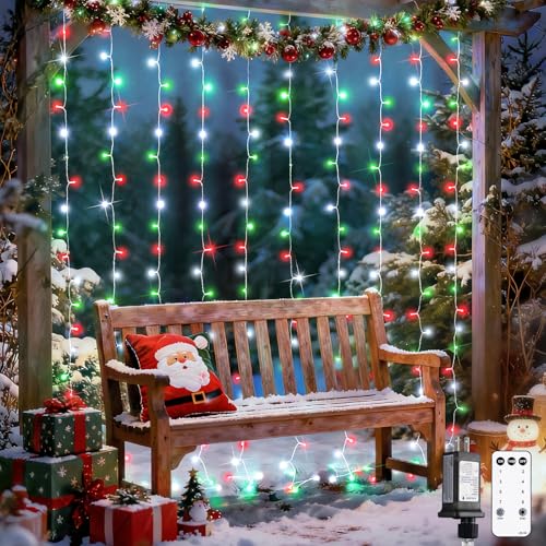 JMEXSUSS 300LED Red White and Green Christmas Curtain Lights with Remote, Indoor Christmas String Lights Plug in, Hanging Twinkle Lights for Bedroom Window Wall Yard Outdoor Xmas Decor, 9.8x9.8ft - color: Red White and Green, size: 300 LED