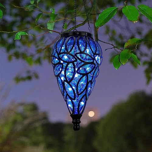 SUNNYPARK Outdoor Plastic Solar Hanging Lantern, 15 Cool White LEDs Twinkle Effect Tear-Shaped Hanging Lantern Decor Garden Decorative Solar Lights for Backyard, Patio and Lawn - style: Blue New