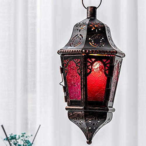 Moroccan Decorations, Lantern Decorative Indoor & Outdoor, 13.6’’ Vintage Decorative Hanging Lantern with Chian for Home Porch Patio Decor, Metal Ramadan Christmas Candle Holders(Plum Red) - color: Plum Red