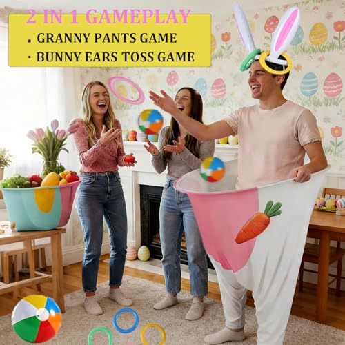 UATKIMI 11Pcs Easter Game Set for Adults Family, 1 Bunny Granny Pants Tossing Game, 4 Inflatable Balls, 1 Inflatable Rabbit Ears with 4 Rings and 1 Pump for Group Gatherings, Easter Party Favors Gift