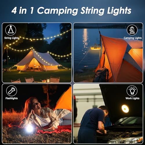 2Pack Camping String Lights, 4-in-1 Quick Storage Camp Light, 8Mode 32.8FT Hanging Tent Lights, Rechargeable Camp Lamp As Camping Essentials Gear, Waterproof LED Lantern for Hiking Travel Patio Party