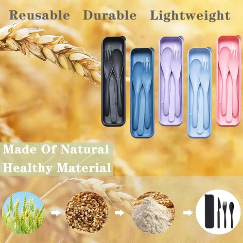 Reusable Travel Utensils Set with Case, 5 Sets Wheat Straw Portable Plastic Fork Spoons Knife Cutlery, Camping Eco-Friendly BPA Free Tableware for Kids Adults Work Picnic or Daily Use (5 Colors) - color: 5 Colors