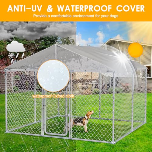 10 FT Large Outdoor Dog Kennel with Roof Heavy Duty Dog Kennel House, Galvanized Chain Link Dog Runs Pet Playpen with Waterproof UV-Resistant Cover and Secure Lock - size: 118.0"L x 118.0"W x 183.0"H