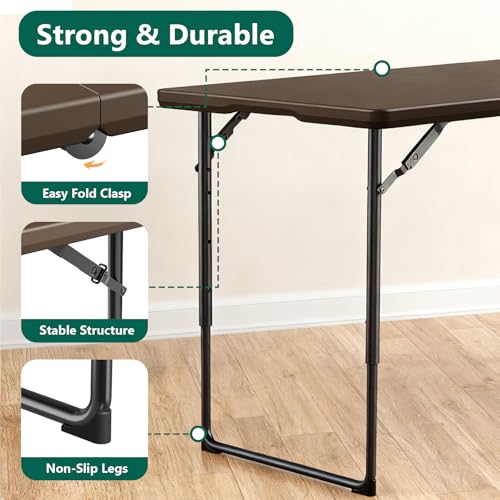 Folding Table 4FT Heavy Duty Plastic Table with Handle, Foldable&Portable, Fold-in-Half Utility Tables for Outdoor, Dining, Wedding, Events, Indoor, Picnic, Camping, Party, Brown - color: Brown, size: 4FT