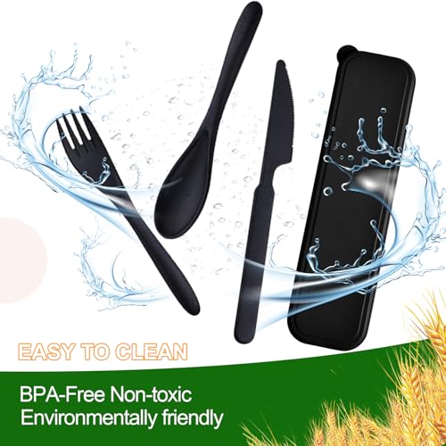 Travel Utensils with Case, 2 Sets Reusable Utensils Set with Case, Wheat Straw Utensils for Lunch Box Accessories, Camping Utensil Set for School Work Lunch or Daily Use（Black） - color: Black