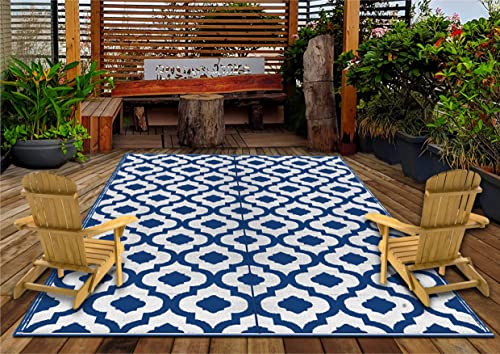 Recycled Outdoor Plastic Patio Rugs Clearance Waterproof RV Camper Rug Large Reversible mats 6'x9' Blue & White 20317 - color: Blue, White, size: 6' x 9' (Rectangular)