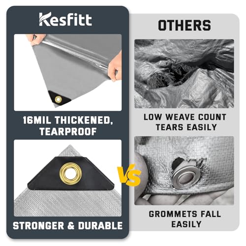 Kesfitt 16 Mil Heavy Duty Waterproof Tarp with Metal Grommets, 10x12 ft, Silver & Blue Reversible Poly Tarp for Outdoor Protection, Yard, Worksite, Equipment, Veicles,Pools Coverage - color: 16mil-silver, size: 10x12 ft
