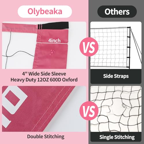 32ft Regulation Size Portable Outdoor Volleyball Net Set System for Backyard Beach with Height Adjustable Poles, PU Volleyball and Pump, Carry Bag, Boundary Line - Easy Set Up & Anti-Sagging - color: Pink