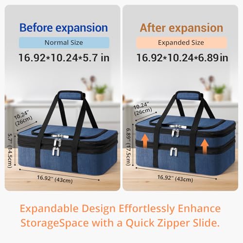Insulated Double Casserole Carrier - Portable Casserole Carriers for Hot or Cold Food Lunch Tote Warmer or Cooler Bag for Potluck Parties Picnic Cookouts, Fits 9" x 13" Baking Dish - Navy Blue - color: Navy Blue