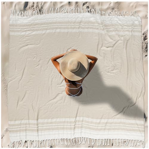 Vikumond Oversized Turkish Beach Towel Blanket XXL Cotton Sandproof Towels Boho Woven Extra Large Big Sand Free Giant Throw Blankets Huge Quilt XL Picnic Camping Necessities Cloud for Adult Gifts - color: Z Beige Mtb, size: XXXL(88x82 IN,224x208 CM)