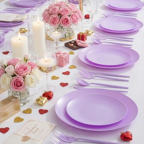 EI 150pcs Purple Plastic Plates for Party,Fancy Disposable Plates,Heavy Duty Plastic Dinnerware Set for Wedding,Easter,Afternoon Tea Party,Spring,Mother's Day,Valentine's Day - color: Purple Frosted Plastic Plates