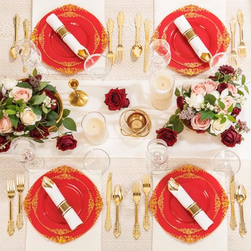 Nervure 350PCS Red Plastic Plates - Red Gold Plastic Dinnerware Sets for 50 Guests - 100 Gold Disposable Plates, 50 Pre Rolled Silverware Sets, 50 Cups Perfect for Wedding & Party & Mothers Day - color: Red and Gold